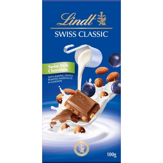 Lindt Swiss Classic Milk Raisins & Hazelnut 1X100g